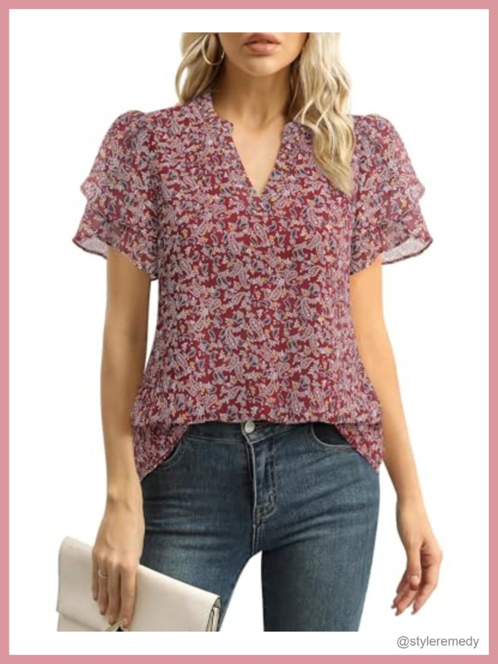 Chiffon Blouse Puff Petal Short Sleeve V Neck Dressy Work Top